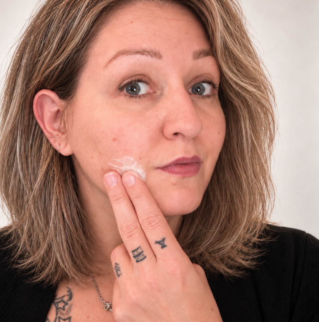 Femme appliquant crème hydratante blanche sur joue, peau claire, cheveux blonds.