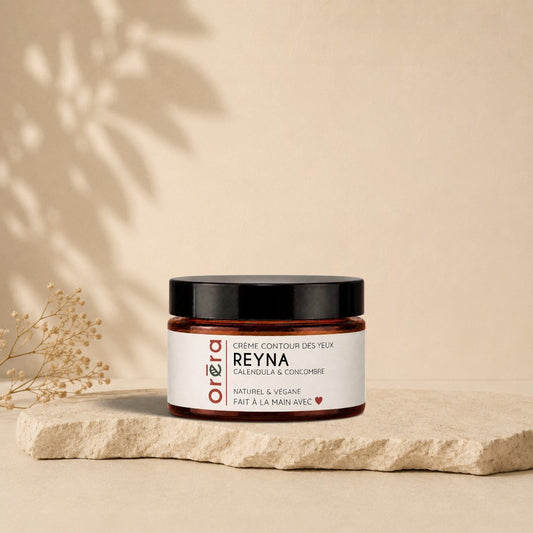Pot de crème contour des yeux ORÉRA Reyna au calendula et concombre, éco-luxe naturel, fabriqué au Québec, soins naturels.