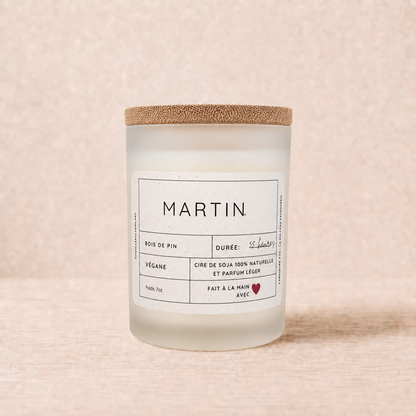 Bougie ORÉRA 7oz bois de pin éco-luxe naturel en verre givré, fabriquée au Québec, sans cruauté.