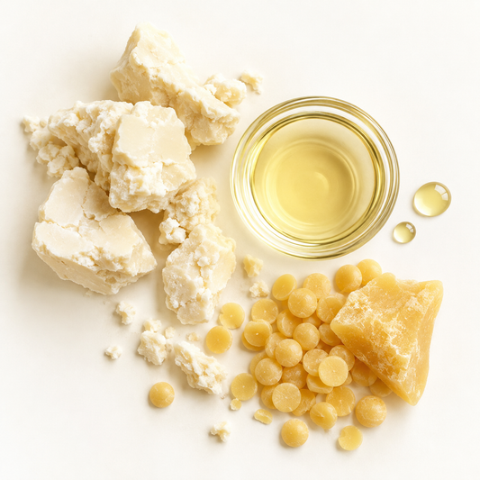 Chunks of white shea butter, golden beeswax pellets, amber resin piece, and a small glass bowl of light oil on white.