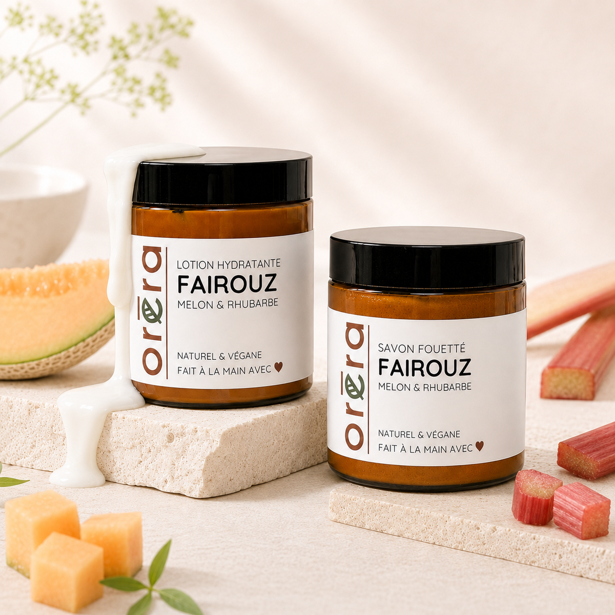 duo de savon fouetté et lotion fairouz melon et rhubarbe orera