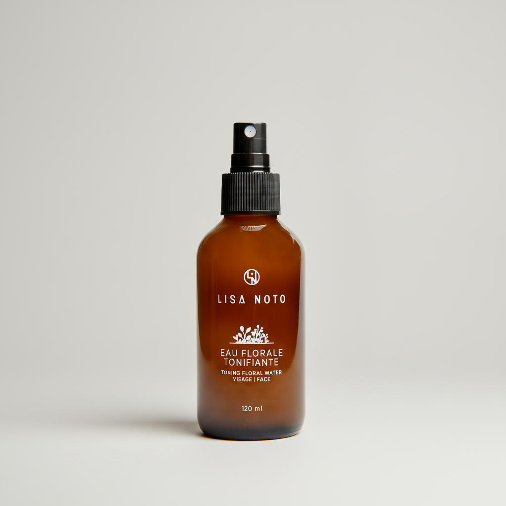 Flacon brun ambré de 120ml avec spray noir, étiquette blanche oréra tonique floral.