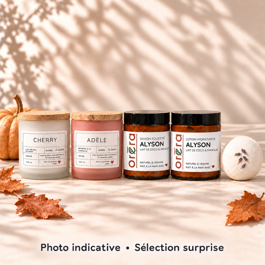Ensemble surprise Spooky Fruité, visuel ADÈLE et CHERRY — photo indicative; fragrances et contenants variables.