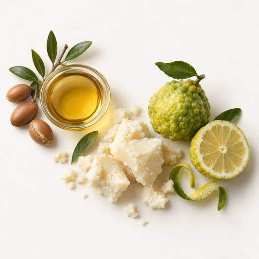 Morceaux de beurre de karité blanc cassé, huile d’argan dorée en bol, bergamote entière et citron coupé sur fond blanc.