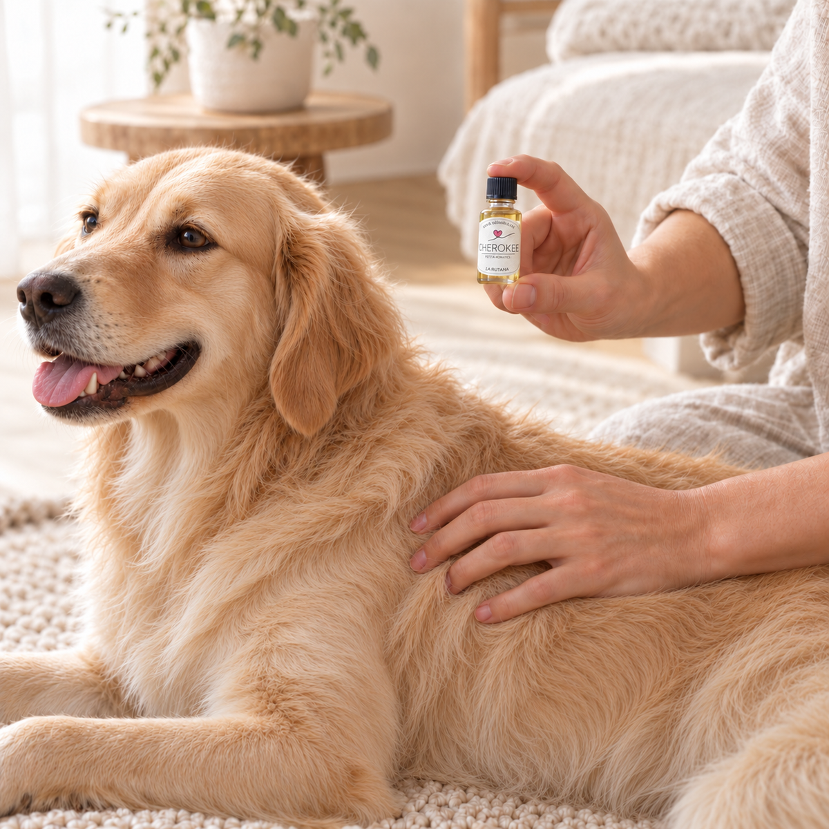 Huile régénérante pour chien flacon petit format mains tenant près d’un golden retriever allongé.