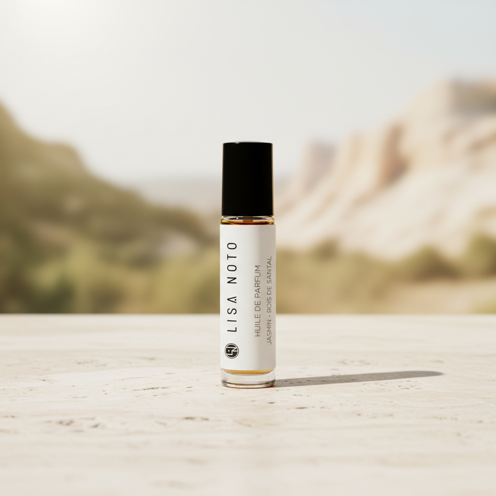 Flacon roll-on parfum huile jasmin-oud 10ml verre transparent bouchon noir.