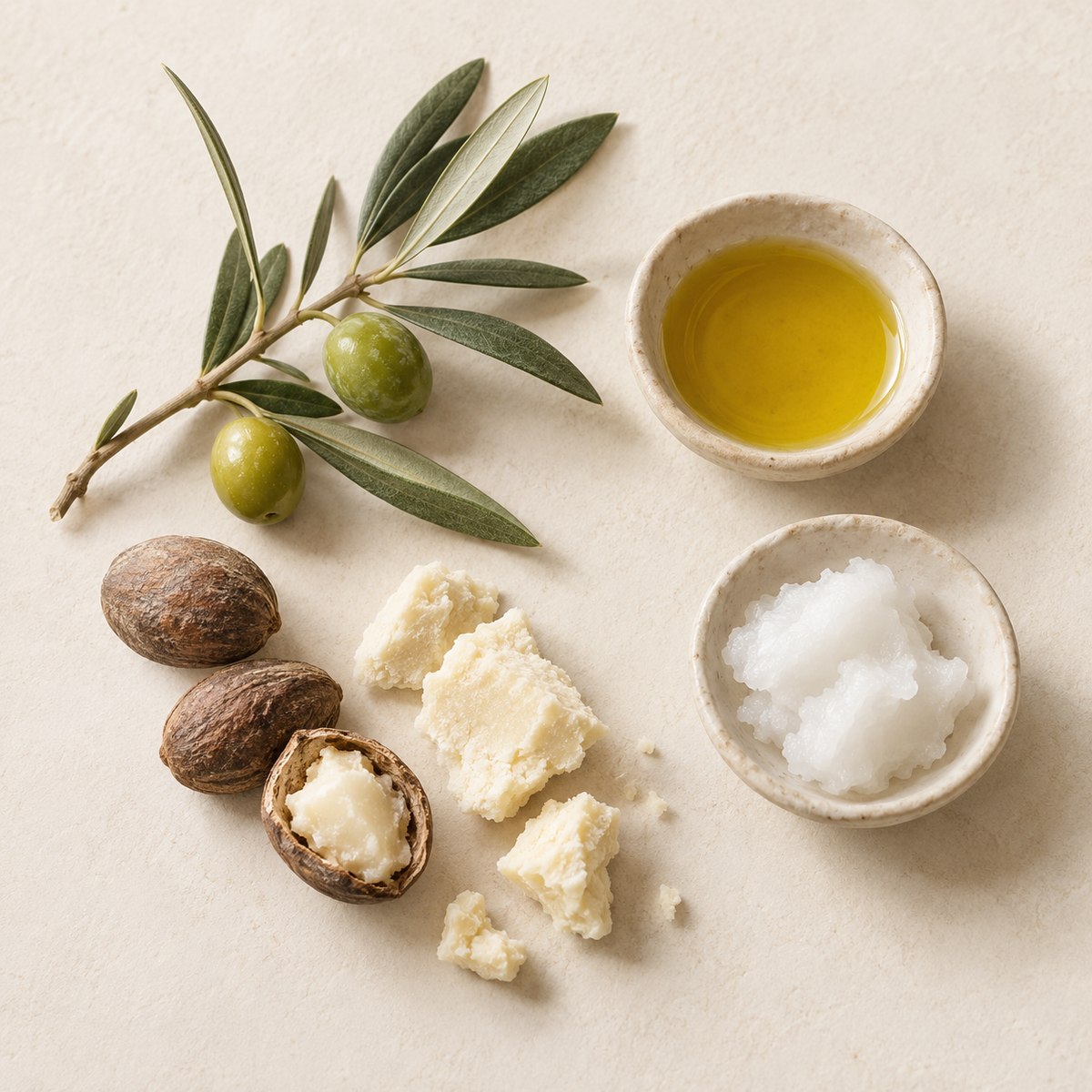 Olives et feuilles d’olivier, bol d’huile dorée, noix de karité et matières blanches crémeuses.