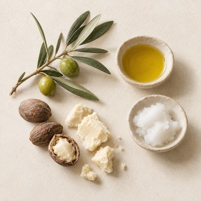 Olives et feuilles d’olivier, bol d’huile dorée, noix de karité et matières blanches crémeuses.