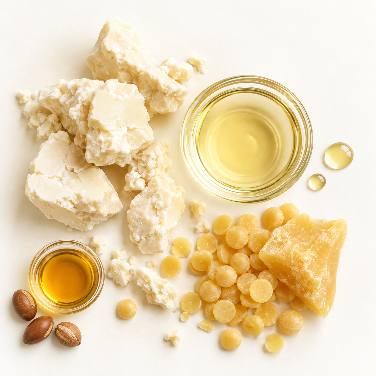 Morceaux de beurre végétal, bols d’huile dorée, noix et granules jaunes sur fond clair.
