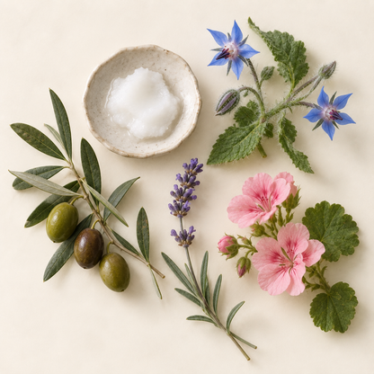 Olives, bol de matière blanche et fleurs violettes, bleues et roses sur fond clair.