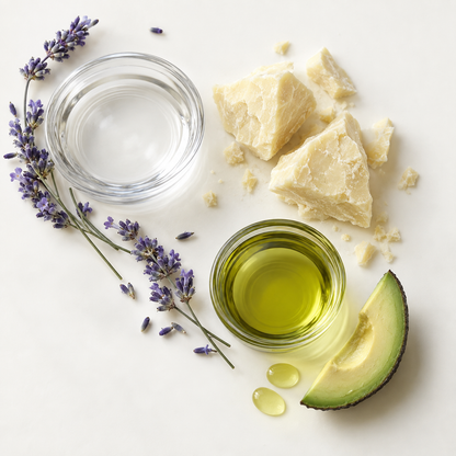 Brins de lavande, morceaux de beurre végétal, avocat et bols de liquides clair et vert doré.