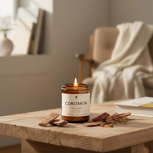 Bougie de soya ORÉRA CONSTANTIA cèdre ambre verre ambré éco-luxe naturel fabriqué au Québec sans cruauté.