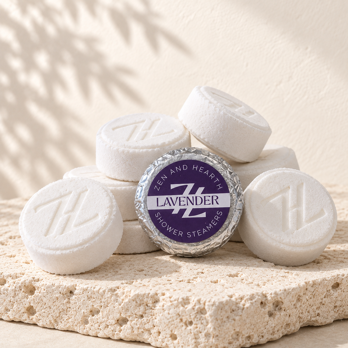 Pastilles de douche lavande Zen and Hearth et leur emballage violet, posés sur une pierre claire.