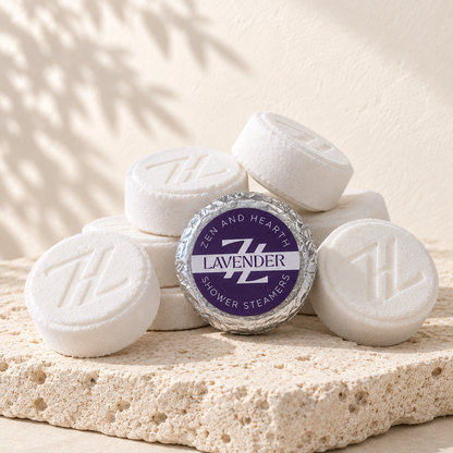 Pastilles de douche lavande Zen and Hearth et leur emballage violet, posés sur une pierre claire.