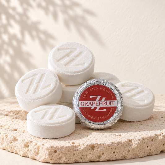 Pastilles de douche pamplemousse Zen and Hearth et leur emballage rouge, posés sur une pierre claire.