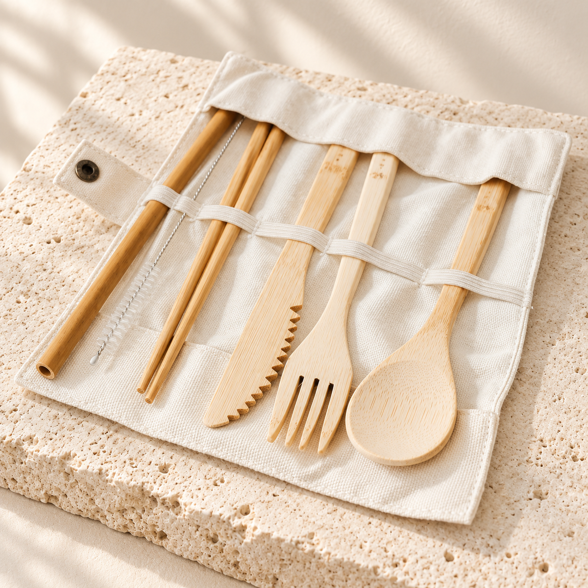 Set de couverts en bambou avec étui textile, posé sur du travertin clair.
