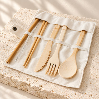 Set de couverts en bambou avec étui textile, posé sur du travertin clair.