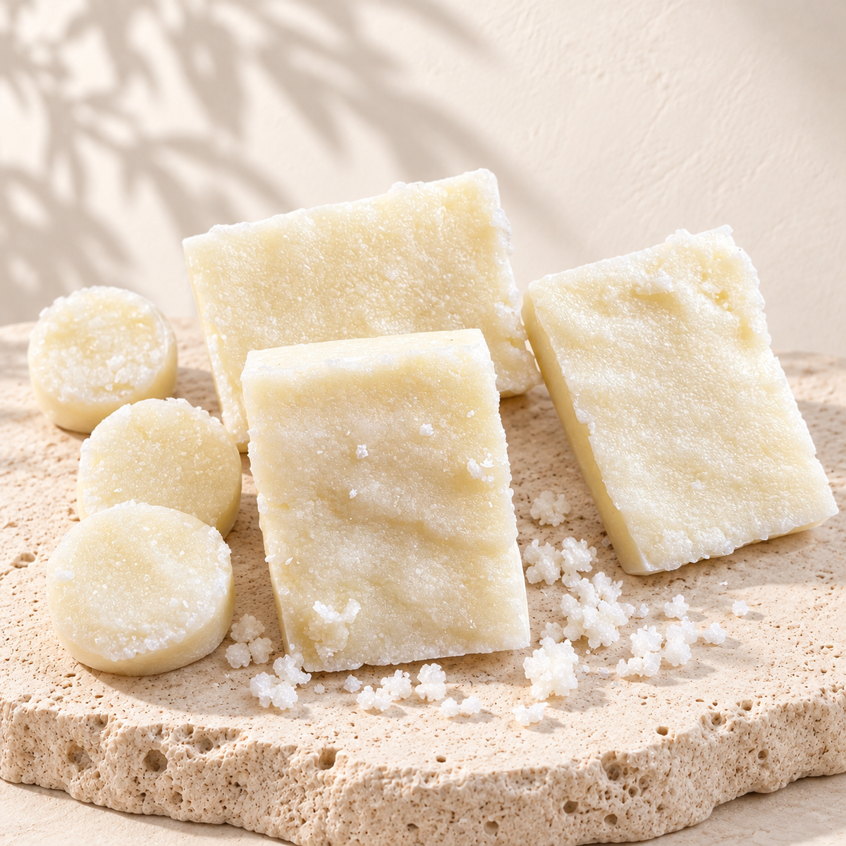 Morceaux d’exfoliant au sucre MUSSASA posés sur une pierre claire, sur fond ivoire.
