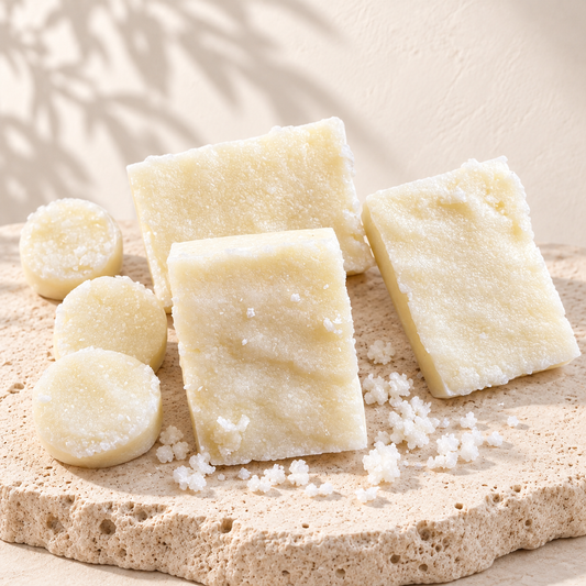 Morceaux d’exfoliant au sucre MUSSASA posés sur une pierre claire, sur fond ivoire.