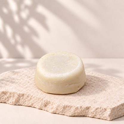 Crème à raser solide beige au fini lisse sur pierre texturée, design minimaliste écologique.
