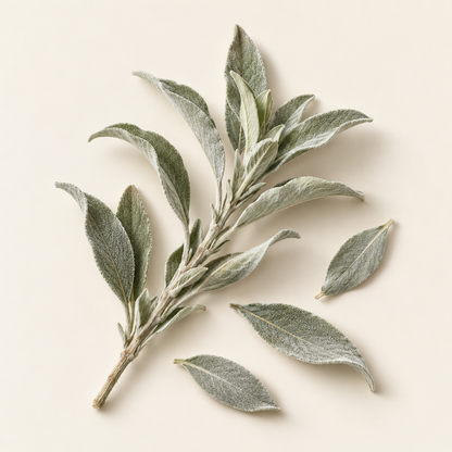 Composition botanique de feuilles argentées de sauge blanche sur fond ivoire.
