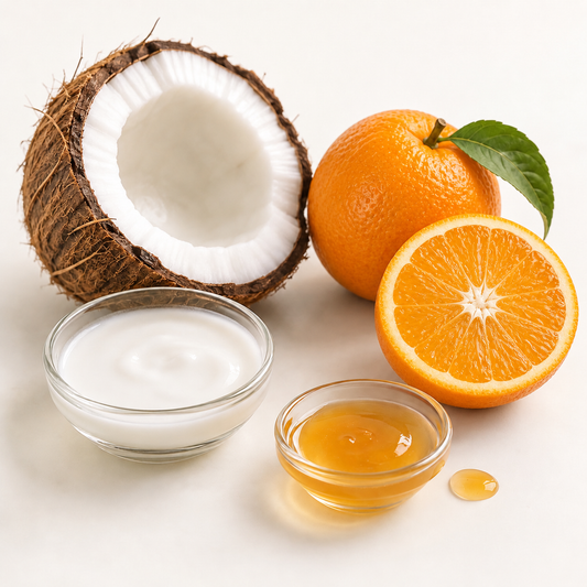 Demi-noix de coco, orange entière et demi-orange, avec deux bols de crème blanche et d’huile dorée.