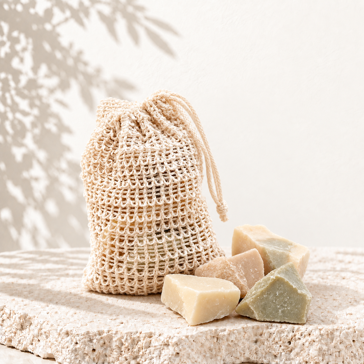 Unlabelled sisal pouch and irregular cream, beige and sage soap offcuts against an ivory background with soft foliage shadows.