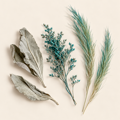 Feuilles de sauge blanche et fleurs séchées bleu-vert sur fond ivoire.