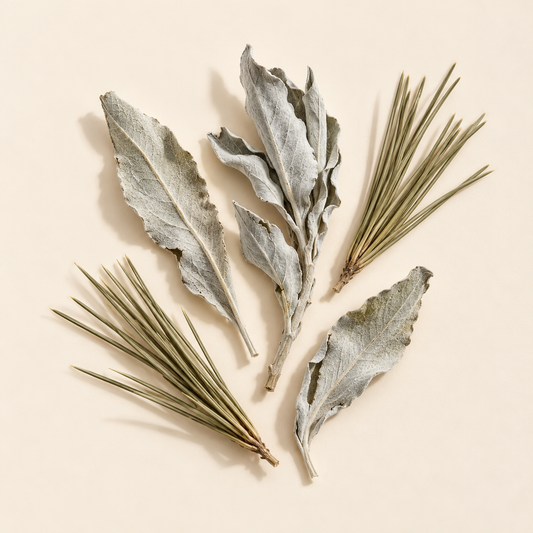 Feuilles de sauge blanche et aiguilles de pin disposées sur fond ivoire.