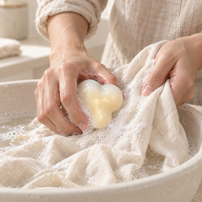 Mains frottant un savon crème en forme de nuage sur un tissu dans une bassine blanche.