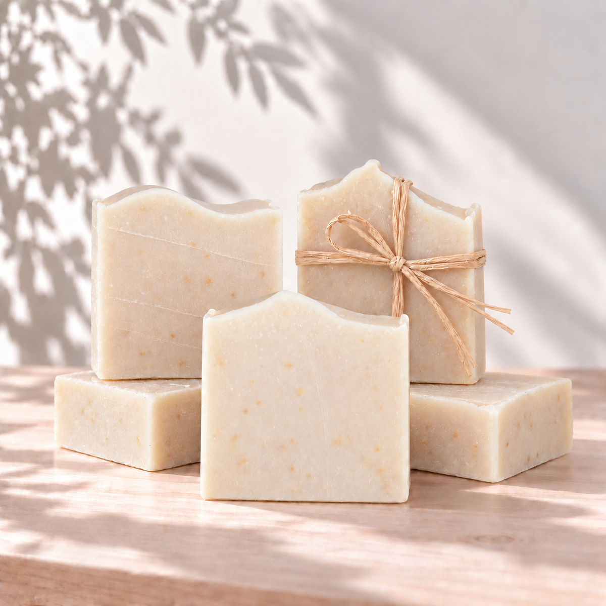 Lot de cinq savons doux beige clair, texture légèrement granuleuse, un savon attaché avec ficelle naturelle.