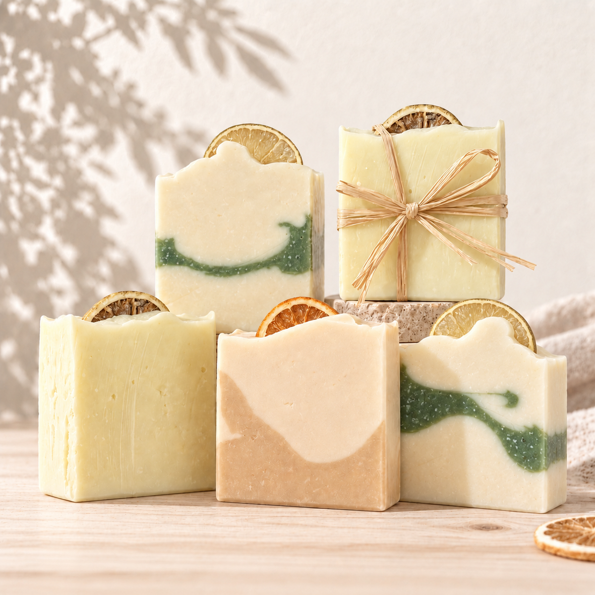 Lot de cinq savons artisanaux crème et vert avec détails marbrés, emballage naturel à la ficelle.