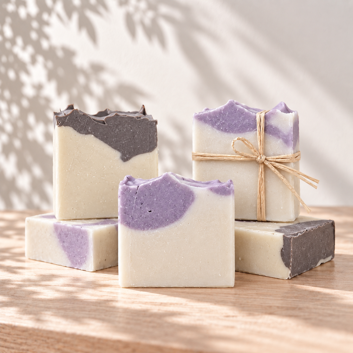 Ensemble de savons crème et violets, dont un entouré de ficelle.