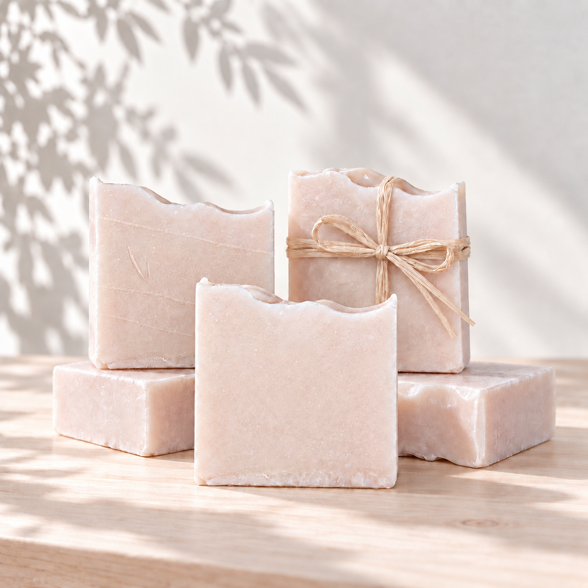 Cinq pains de savon au lait de chèvre beige clair, un décoré d’un ruban en ficelle naturelle, texture lisse et forme carrée.