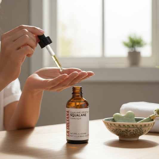 Squalane végétal d'olive ORÉRA flacon en verre ambré avec compte-gouttes, eco-luxe naturel québécois.