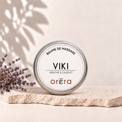 Baume de massage VIKI menthe et cajeput Oréra en pot métallique.