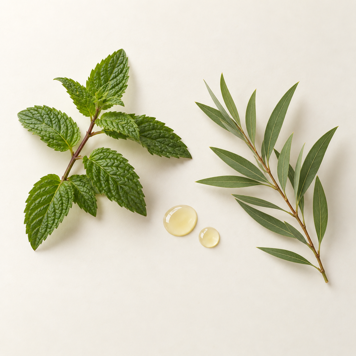 Rameaux de menthe poivrée et de cajeput avec deux gouttes d’huile claire sur fond ivoire.