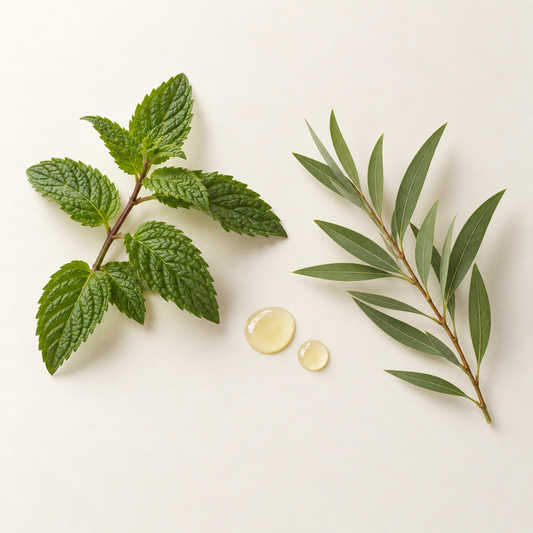 Rameaux de menthe poivrée et de cajeput avec deux gouttes d’huile claire sur fond ivoire.