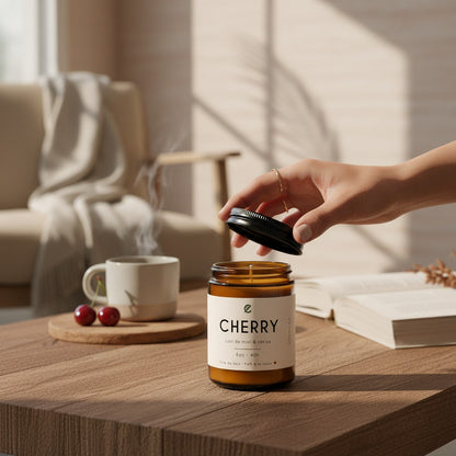 Bougie de soya ORÉRA parfum cerise et lait de miel, éco-luxe naturel, fabriquée au Québec, sans cruauté.