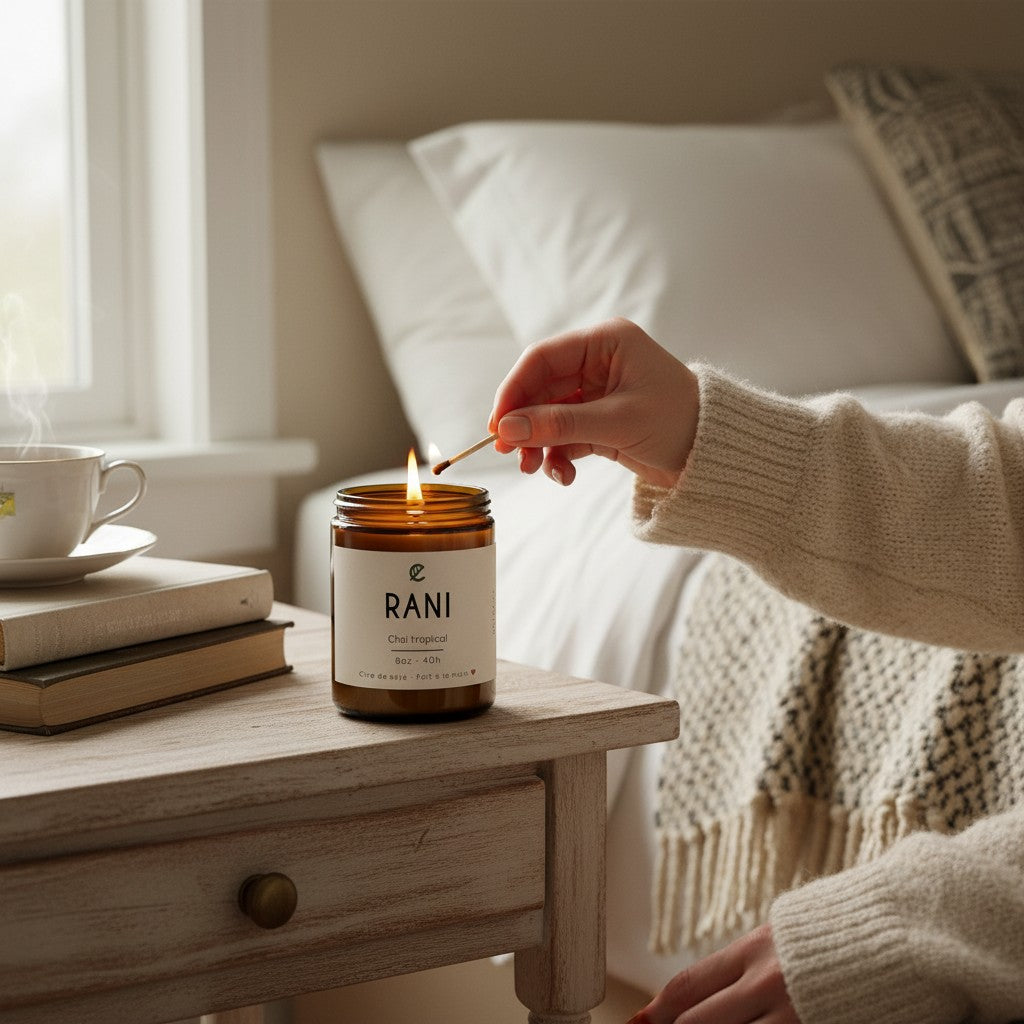 Bougie artisanale de soya ORÉRA RANI chaï tropical, éco-luxe naturel, fabriquée au Québec, sans cruauté.