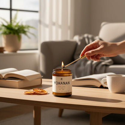Bougie de soya ORÉRA YOHANAN fruits confits, pot en verre ambre, éco-luxe naturel, fabriqué au Québec sans cruauté.