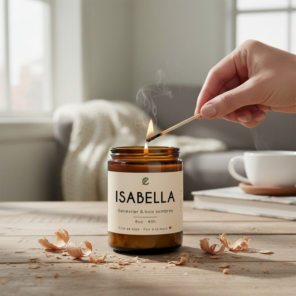 Bougie en verre brun ISABELLA genévrier et bois sombres ORÉRA artisanale Québec éco-luxe naturel sans cruauté.