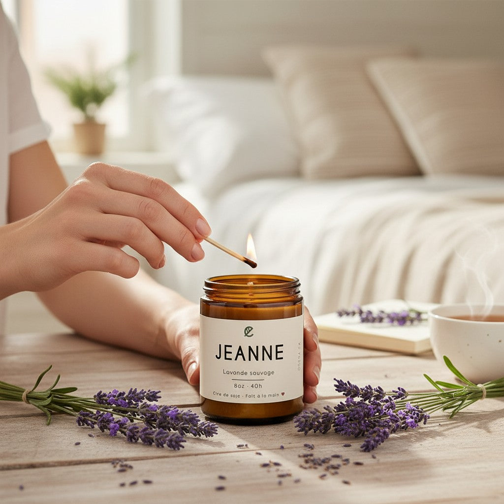 Bougie ORÉRA en verre ambré lavande sauvage, éco-luxe naturel fabriqué au Québec sans cruauté.