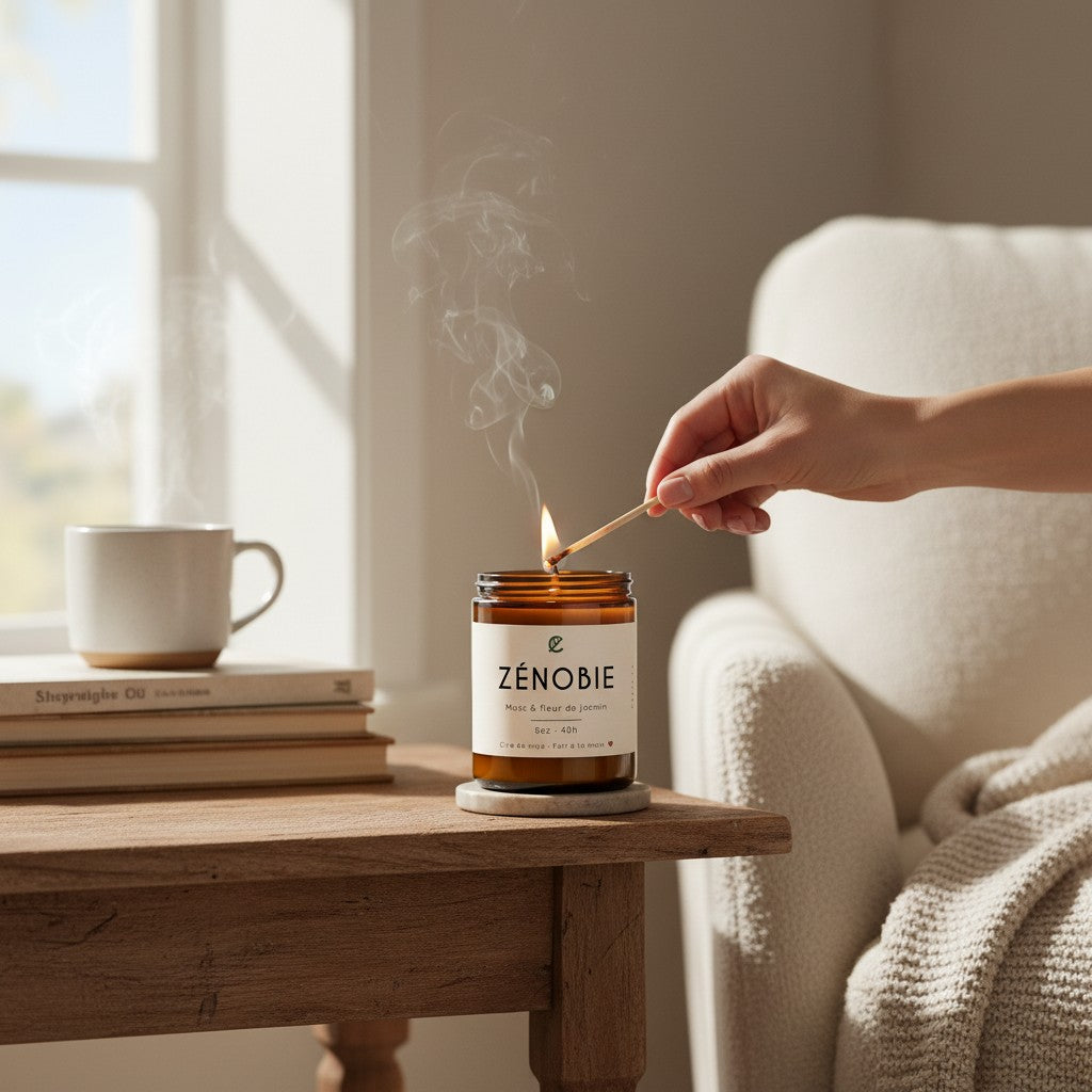 Bougie de soya ZÉNOBIE musc et jasmin, éco-luxe naturel, produit artisanal québécois, sans cruauté, fabriqué au Québec.