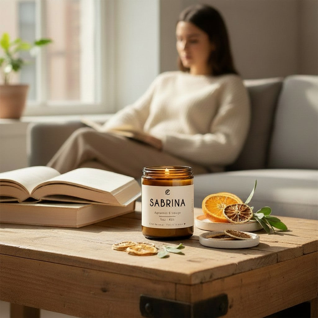 Bougie ORÉRA SABRINA agrumes et sauge, éco-luxe naturel québécois, sans cruauté, verre ambré.