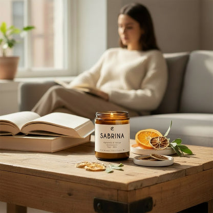 Bougie ORÉRA SABRINA agrumes et sauge, éco-luxe naturel québécois, sans cruauté, verre ambré.