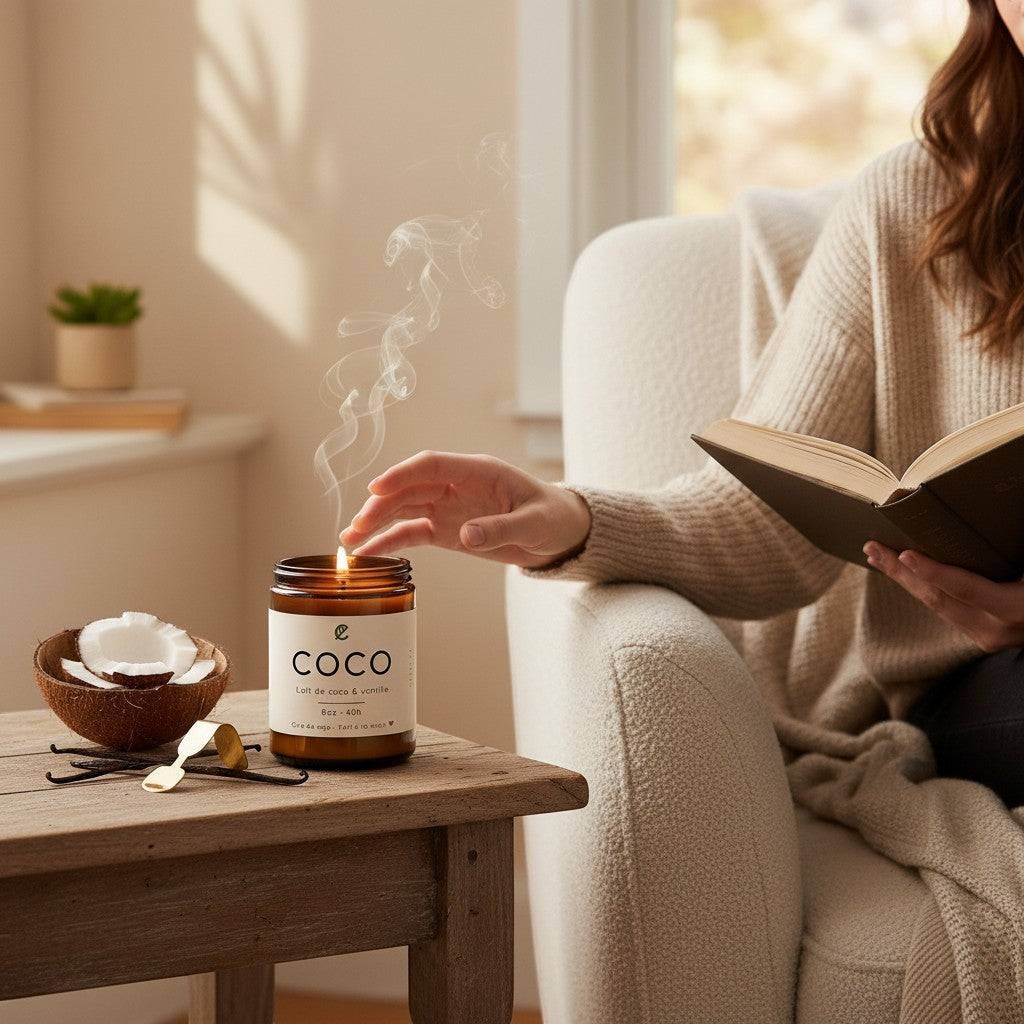 Bougie de soya COCO lait de coco et vanille ORÉRA, éco-luxe naturel, artisanal québécois, fabriqué au Québec, sans cruauté.