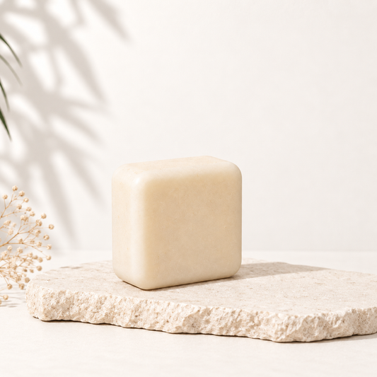 Revitalisant solide carré beige clair posé sur pierre texturée, style minimaliste naturel.