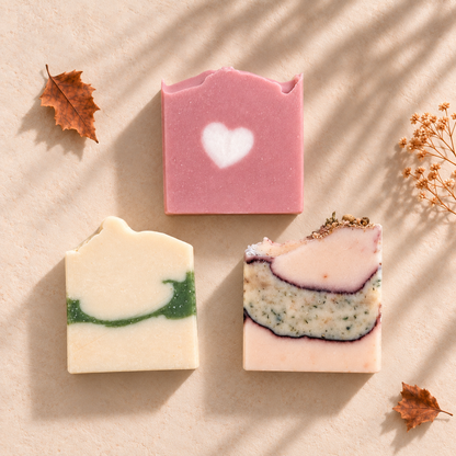 Lot de trois savons artisanaux colorés, dont un rose avec cœur blanc, beige avec motif vert, et beige à couches roses et.