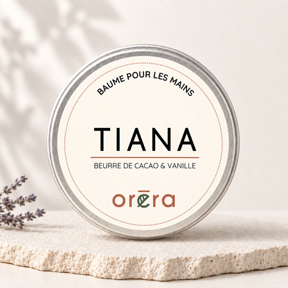 Pot rond de baume pour les mains Tiana crème beige éco-luxe naturel.